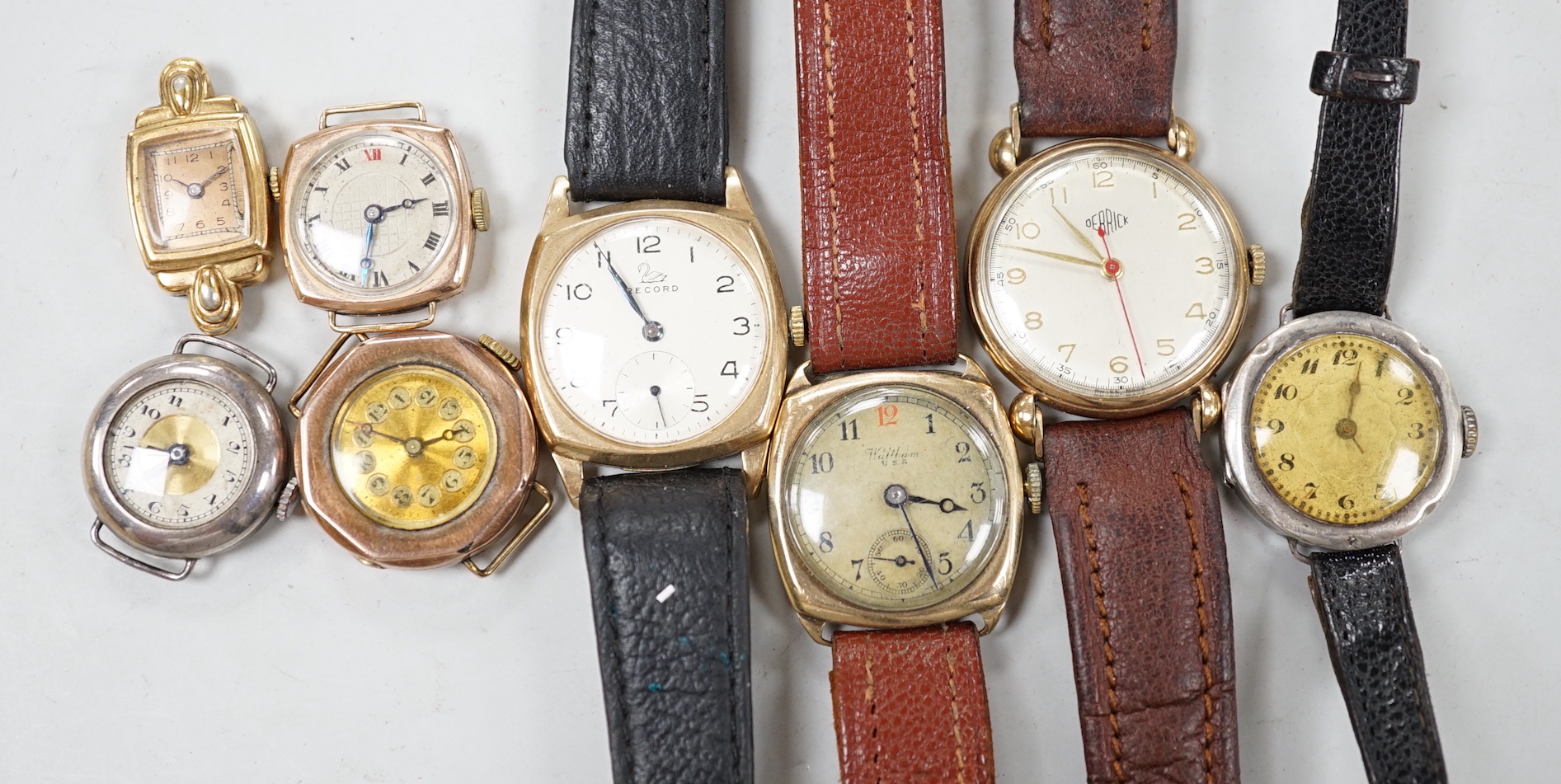 Five assorted 9ct gold lady's or gentleman's manual wind wrist watches, including Waltham, Record & Derrick and three other wrist watches.